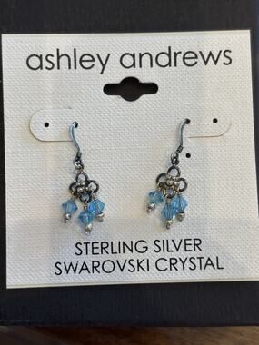 NWT Ashley Andrews Blue Crystal Swarovski Dangle Earrings 925 Sterling Silver